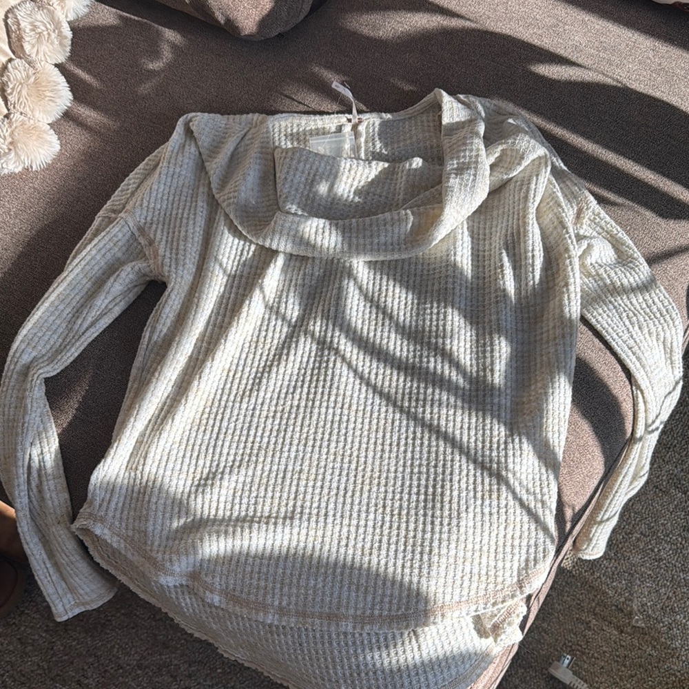 Free People Cream Cowl Neck Sweater with Relaxed Fit and Long Sleeves